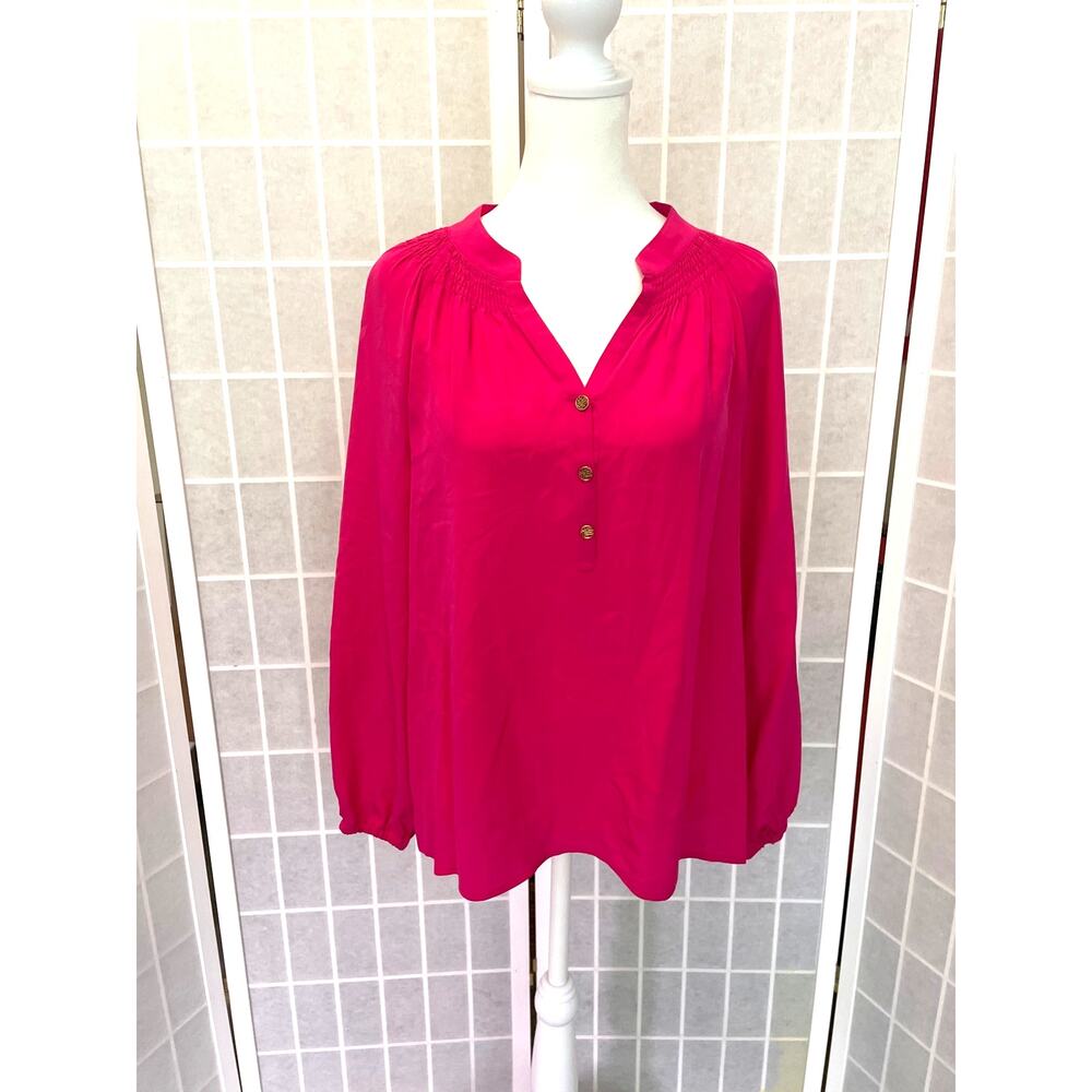 Lilly Pulitzer Elsa Silk Tunic Blouse Smocked Top M Coastal Preppy Luxury Boho - Picture 2 of 7